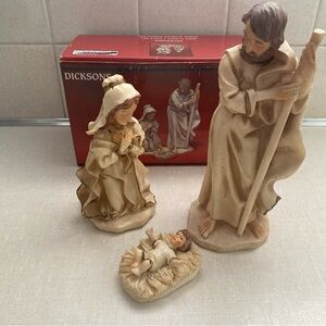 VTG Dickson Nativity Holy Family 3 Pc Figurines White Wash Porcelain With Box‎
